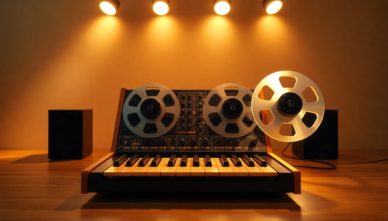 Front angle view of FOLIO-8 desktop synthesizer with exposed copper trace touch keys, papercraft chassis, and dual running tape reels illuminated in studio light
