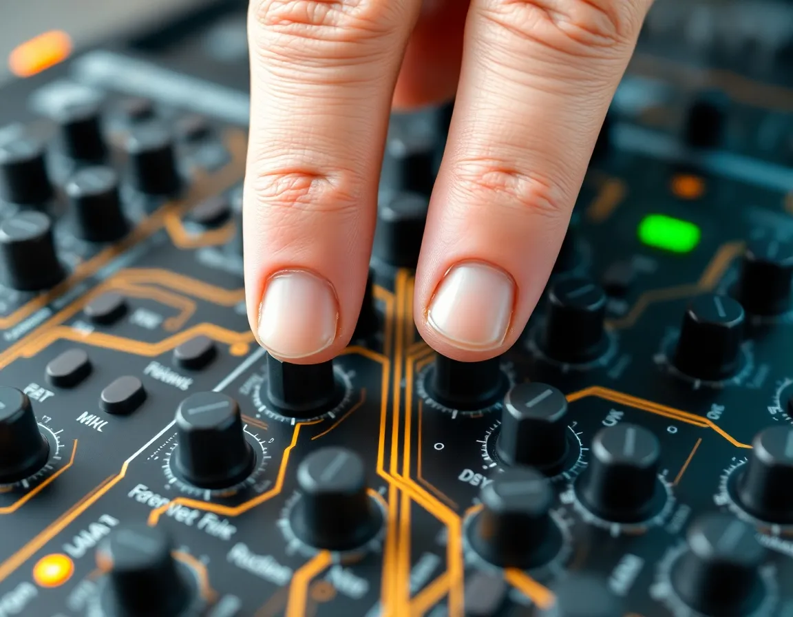 Musician fingers bridging two exposed gold-plated conductive lines on a geometric synthesizer control board