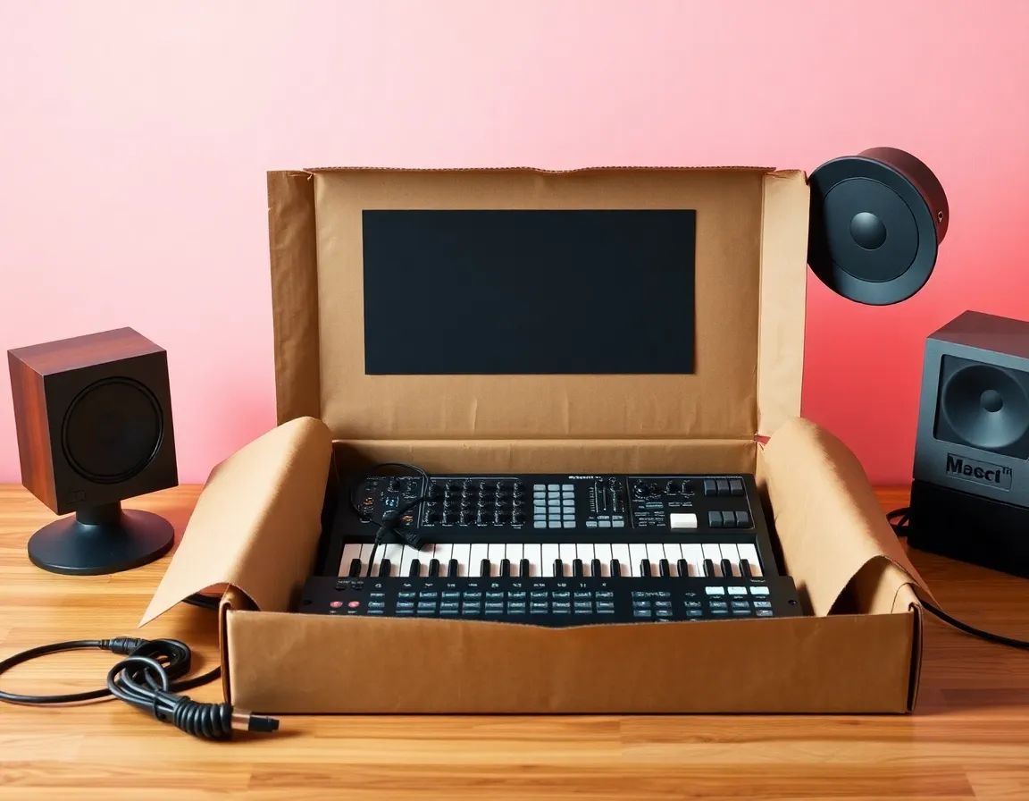 Unboxing view showing flat-packed craft paper case, patch accessories, and synthesizer ready for studio use